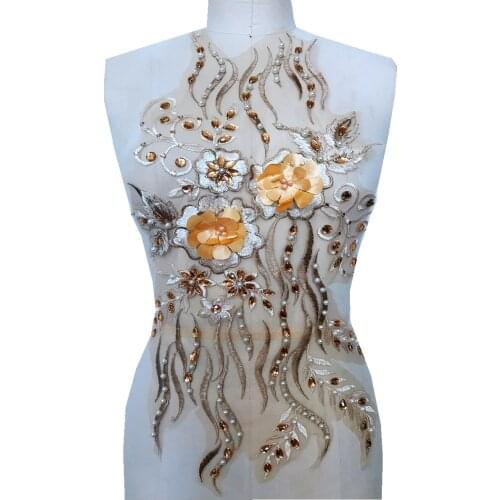 Champagne Rhinestone Applique Beaded Rhinestone Lace Gown Costume DIY Decoration Accessories Patch