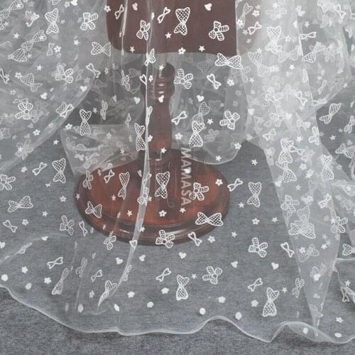 Bowknot Flower Heart White Flocking Mesh Cloth French Net Lace Fabric DIY Curtain Childrens Clothing Wedding Dress Tulle Fabric