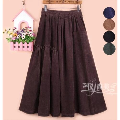 Free Shipping 2019 New Fashion Long Mid-calf A-line Skirt For Women Elastic Waist Winter Corduroy Skirt With Pocket Black Brown
