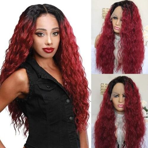 Burgundy Curly Synthetic Lace Front Wigs For Women 1B 99J Colored 13x4 Transparent Lace Wigs