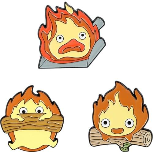 Fire Demon With Log Dustpan Brooches Calcifer Enamel Pin Flame Inspired Badges Anime Film Jewelry Gift for Child Kids