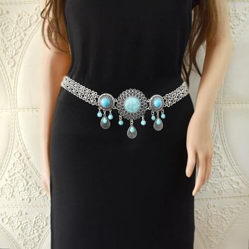 Vintage Silver Color Metal Turquoises Blue Stone Belly Waist Chains for Women Boho Wedding Party Dance Belt Body Chains Jewelry