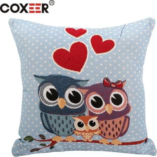 Coxeer Lovely Throw Pillowcase Cartoon Owl Printed Decorative Pillows Cover Linen Cotton Square Cushion Cover 45x45cm Kussenhoes