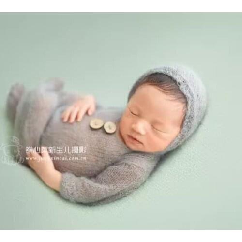 Baby Phtography Props Grey Boy Romper Knitted baby Crochet Newborn Onesie Newborn Hooded Romper
