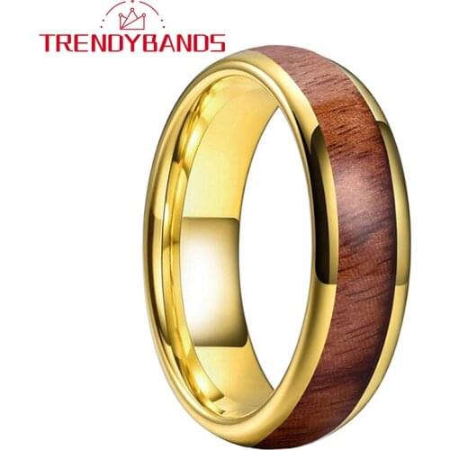 6MM Gold Koa Wood Inlay Tungsten Carbiode Rings For Men Women Weeding Band Domed Polished Shiny