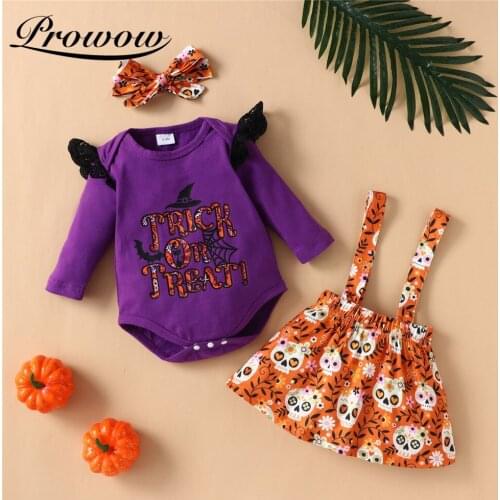 Prowow Baby Girls Halloween Costume For Kids Clothing Bat Cobweb Printing Baby Solid Bobysuit + Ghosts Dress Set Childrens Suit