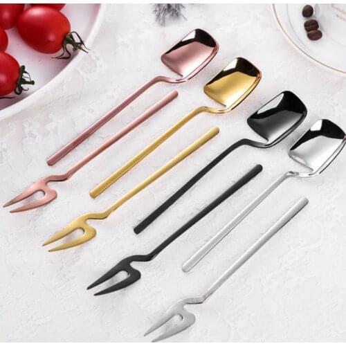 Creative Copper Spoon Fruit Fork and Spoon Coffee Stainless Steel 304 Dessert Spoon Fork Cup Hangable SN3649