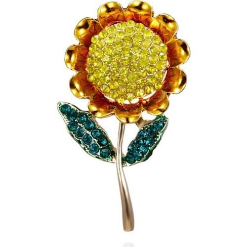 Fashion Green Crystal Yellow Enamel Pin Sunflower Brooch Badge Jewelry Weddings Banquet Party Vintage Brooches For Man Women