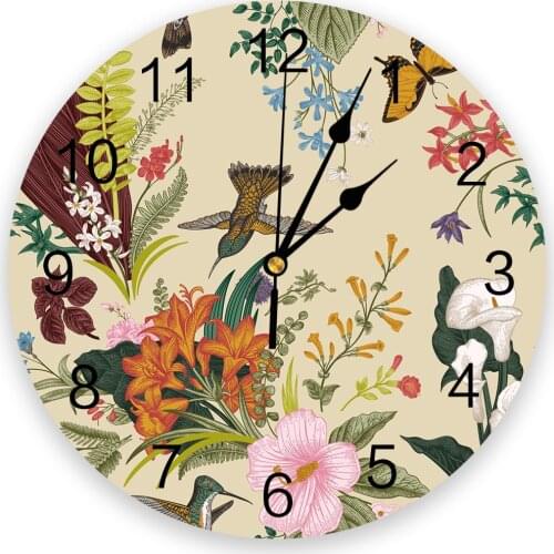 Flowers Birds Butterflies Retro Style Painting Printed Wall Clock Modern Silent Clock Living Room Home Decor Wall Hanging Watch