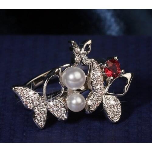 New Temperament Gentle Wind Zircon Pearl Jewelry Exquisite Butterfly Ring Wedding Engagement Ring Ladies Jewelry Gift