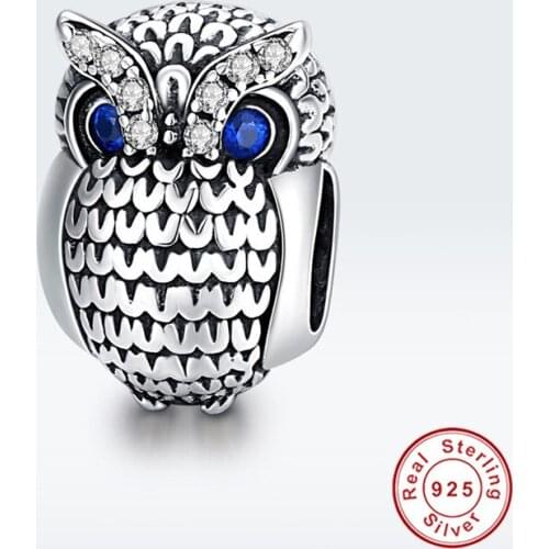 Genuine 100% 925 Silver Beads CZ Shiny Owl DIY Charm Fit Pan Original Bracelet Woman Fashion Jewelry Europe Bangle