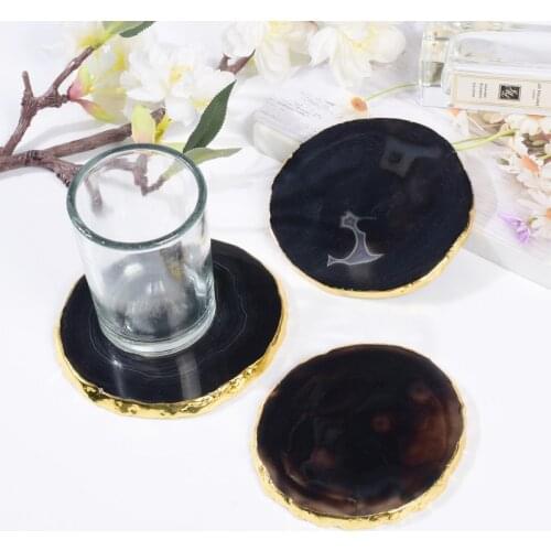 Round Shape Slice Electroplated Gold Edge Craft Pad Black Agate Natural Stone Crystal Coaster Cup Beverage Holder Mat Home Decor