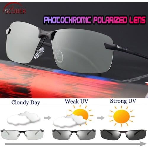 SCOBER BRAND Mens Photochromic Polarized Sunglasses Rimless Frame UV Polaroid Sports Driving Outdoor Designer Sun Glasses