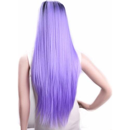 Gradient Black Purple High Temperature Synthetic Wig Long Straight Hair Heat Resistant Breathable Cosplay