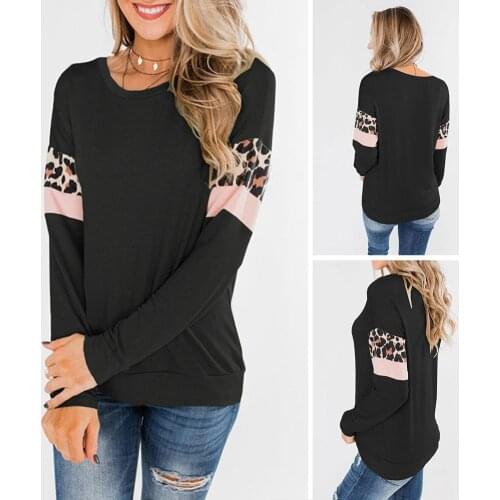 Women Leopard Print Sweatshirt Patchwork O-neck Casual Long Sleeve Pullover Blouse Sweatshirt