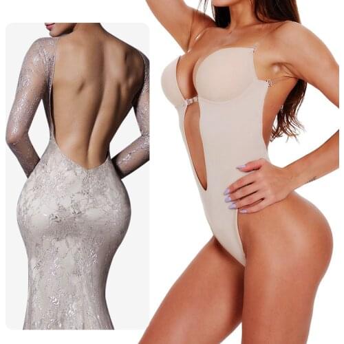 Twinso Waist Trainer Body Shaper Fajas Shapewear Women Deep V Bodysuits Clear Strap Backless Plunge Thong Push Up Bra Underwear