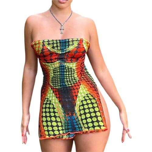 Women’s Sexy Tube Tops Pencil Dress Personality Dot Printed Backless Skinny Short Off Shoulder Dress