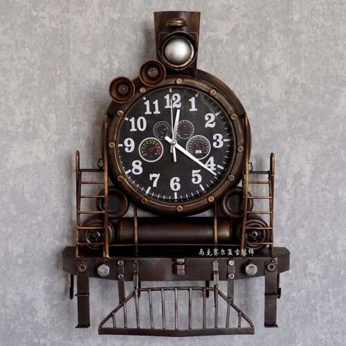 American Retro Iron Locomotive Mural Clock Wall Creative Industrial Style Shop Restaurant Ornaments Home Accessories