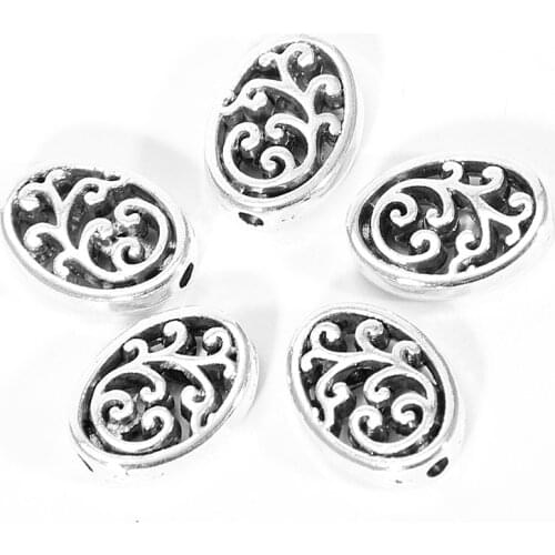 10pcs 12.5X19MM Oval Hollow Flower Spacer Beads Antique Silver Color Connector For Bracelet Necklace Making DIY Jewelry Findings