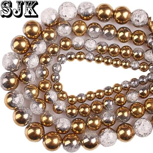 Natural Stone Beads Half Face Plated Gold White Snow Cracked Crystal 6 8 10 12MM DIY Manual For Jewelry Making Accessories