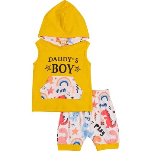 Baby Boys Dinosaur Print Clothes Set, Boys Sleeveless Hooded Tops with Front Pockets + Short Pants for Summer