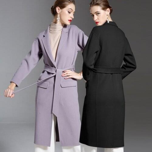 Long woolen blends cashmere coats for women 2019 autumn winter ladies jackets plus size overcoat double sided purple black belt