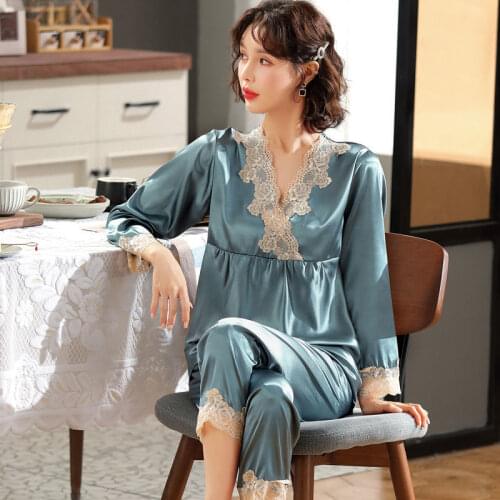 Women Sleepwear Satin Pajamas Sets Long Sleeve Autumn Sleepwear Faux Silk Pajamas Suit Lounge Sleepwear Set