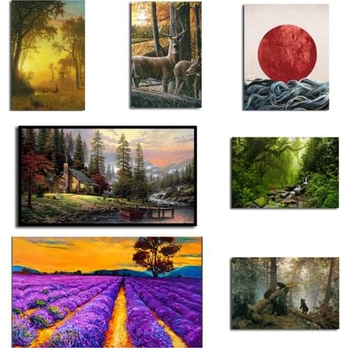 Canvas Painting Lavender Flower Field Mountain Stream Deer Mountain Hut Poster Print Wall Art Picture Living Room Decoration