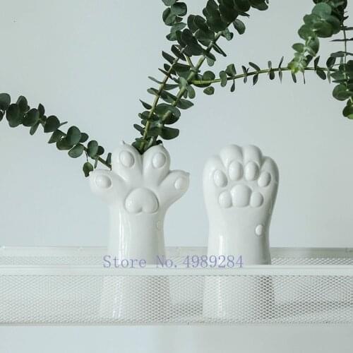 Ceramic Vase Cat Hand Flower Arrangement Animal Hand Abstract Lovely White Handicraft Furnishings Modern Home Decoration Vases