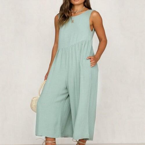 Women Sexy Backless Sleeveless Casual Solid Cotton Jumpsuits Summer Casual Loose Multi-pocket Long Trouser Pure Color Rompers