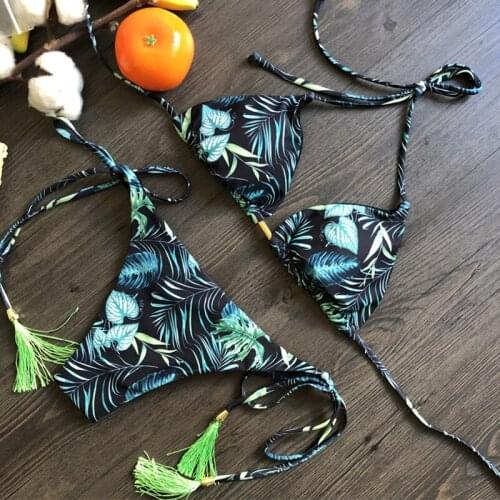 Ties halter brazilian push up bikini tassels biquini swimwear strappy bandage swimsuit beach wear bathing suit women S~XL