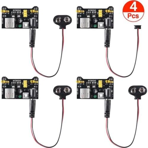 4PCS MB102 Breadboard Power Supply Module and 9V Battery Clip with 2.1mm X 5.5mm Male DC Plug Assortment Kit For Arduino