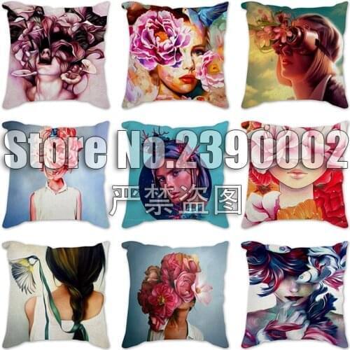 Cushion Cover Decor Sexy woman Flowers Feather Print Pillowcase for Sofa Home Super Soft Short Plush Pillow Case Home Decoration