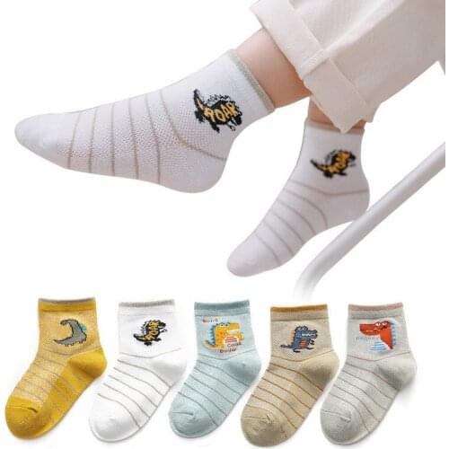 5pcs / childrens socks summer thin mesh baby mid tube socks boys and girls cute cartoon little dinosaur breathable cotton socks