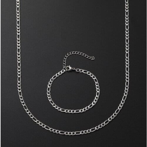 New Cheap 4MM Stainless Steel Figaro Chain Necklace & Bracelet Fashion Jewelry Set Party Gifts For Men and Women Drop shipping