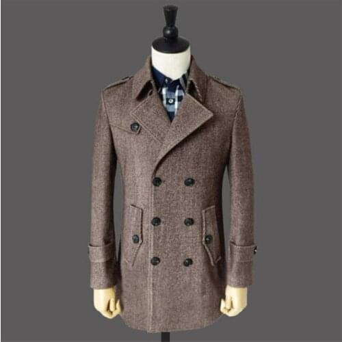 Autumn winter new mens woolen coat mid-length slim-fit fashion double-breasted clothing brown grey пальто gabardinas sobretudo