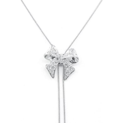 Women Gold Silver Color Cute Butterfly Bow Pendant Necklace Long Rhinestone CZ Cubic Zirconia Micro Pave Butterfly Necklace