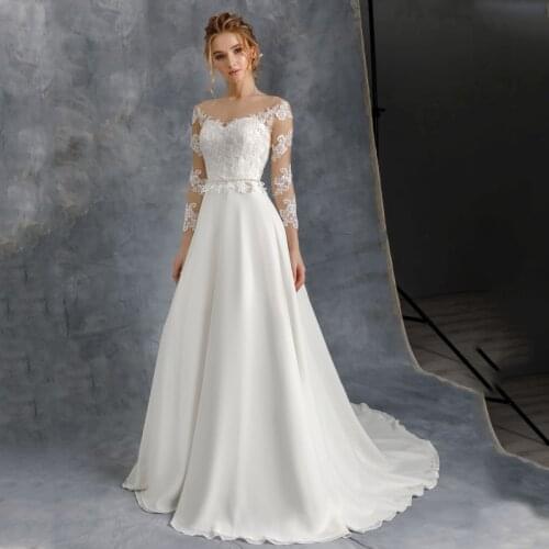 Scoop 3/4 Sleeves Appliques Lace Beads Belt Buttons Tulle A-Line Wedding Dress 2021 Vestido De Noiva Bridal Gown
