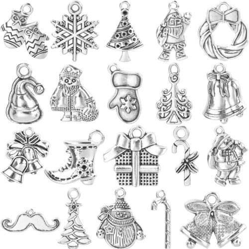 20pcs Mix Silver Color Alloy Christmas Pendants For Jewelry Making Charm In Bulk Santa Claus Bells Handmade Keychain Accessories