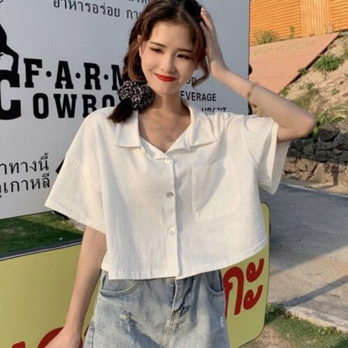 Female Blouses Loose Casual Lapel Short Sleeve Tops 2020 New Solid Color Tops For Women Blouse With Pocket