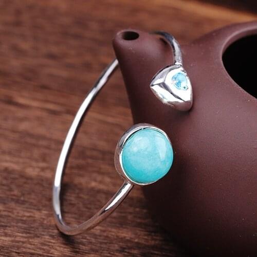 Natural Amazonite Bangles for Women Asymmetrical Design Geometric Round Triangle Open Bangles 925 Silver Jewelry