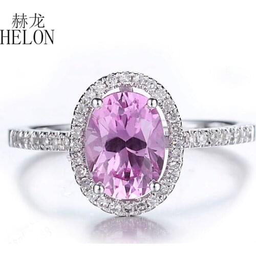 HELON Sterling Silver 925 Oval Cut 8x6mm Pink Topaz & Natural Diamonds Gemstone Ring Women Fine Jewelry Engagement Wedding Ring
