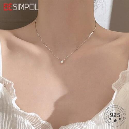 Besimpol Real 925 Sterling Silver Necklace Elegant AAAA Zircon Wedding Necklace For Women Party Minimalist Silver Fine Jewelry