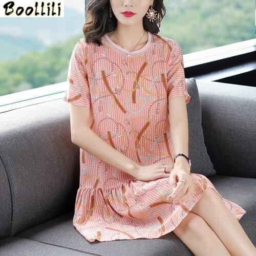 Boollili Dress Women Real Silk Dress Korean Fashion Print Midi Summer Dress Kwaii Vintage Party Dress Vestidos Mujer