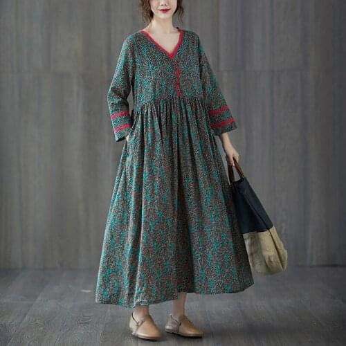 2021 New Autumn Loose Large Size Cotton And Llinen Floral Dress Female V-neck High-waist Long Dress Casual Femme Robe aq621