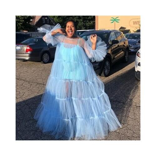 Sky Blue Puffy Tiered Sleeve Tulle Dresses Women Strapless Long Sleeve Sheer Tulle Dress Plus Size With Waist Band Maxi Wear