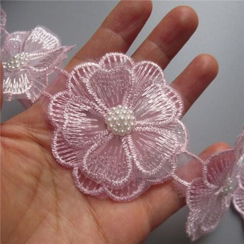 10x Pink Pearl Beaded Flower Embroidered Lace Trim Ribbon Fabric Patchwork Sewing Supplies Craft For Dress Clothes Decoration