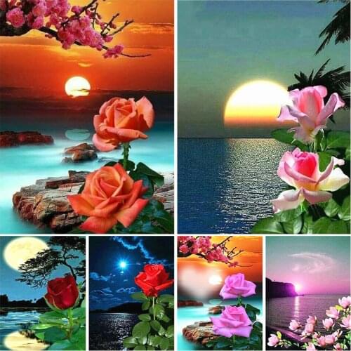 5D DIY Diamond Painting Flower Rose Cross Stitch Kit Full Square Rhinestone Diamond Embroidery Landscape Home Decoration Picture