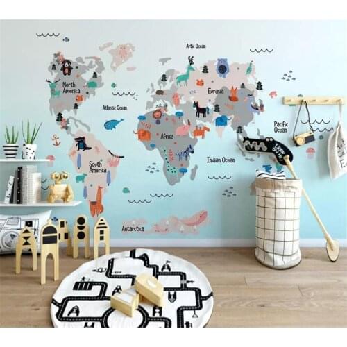 Beibehang Custom wallpaper 3d photo mural hand-painted cartoon world animal map childrens room mural backdrop wall paper murals