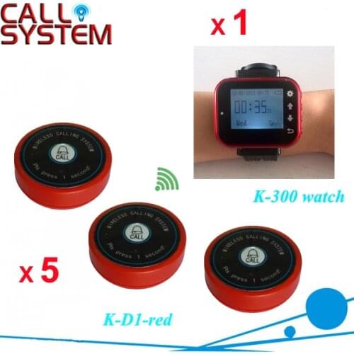 Wireless Calling System for Restaurant paging push to call button 5 bell buttons and 1pcs wrist watch pager
